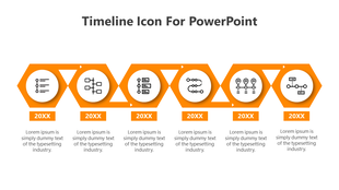 A timeline slide featuring five hexagonal shapes with icons, each labeled with '20XX' and placeholder text areas.