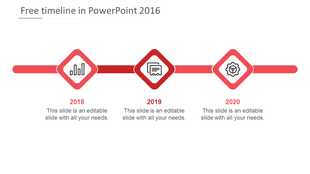 Minimalist timeline with shaped markers for 2018, 2019, and 2020, featuring black icons and a red horizontal connector.