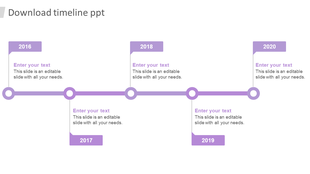 Purple horizontal timeline with year markers from 2016 to 2020, featuring icons between each year and text placeholders.