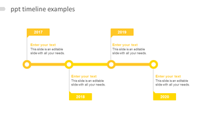 PowerPoint slide showcasing a yellow timeline with milestones for 2017 to 2020, with placeholders for text.