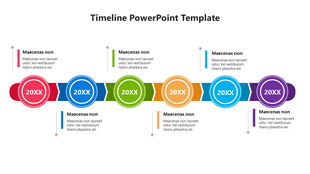 Colorful timeline with five circular milestones in red, blue, green, orange, and purple, connected by arrows and captions. 