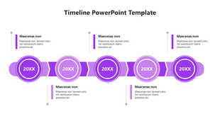 Purple horizontal timeline with five circular milestones labeled connected by arrows, with caption placed above and below. 