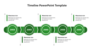 Progressive green timeline with six circular nodes, each indicating a year '20XX,' supported by placeholder text in sections.