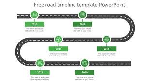 Road timeline slide with green milestones from 2015 to 2020, represented along a curved road.