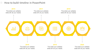 Timeline in yellow with hexagonal blocks representing the years 2015 to 2020, each with an icon and descriptive text.