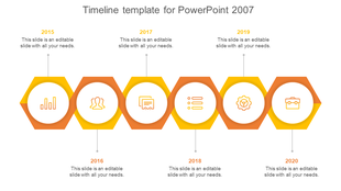 Timeline PPT slide with colorful hexagon icons for each year from 2015 to 2020 with placeholder text on a white backdrop.