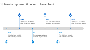 Horizontal timeline with blue markers showing years from 2015 to 2020, each connected to a gray arrow.