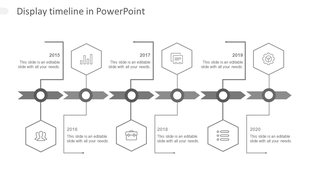 Gray themed timeline with year markers in circular and hexagonal shapes, each with icons and captions.