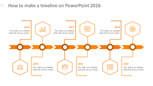 Orange horizontal timeline with six hexagonal icons marking years from 2015 to 2020, connected by arrows.