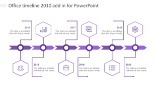 Purple horizontal timeline with hexagonal icons for years 2015 to 2020, connected by arrows and alternating text boxes. 
