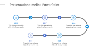 Curved timeline infographic with blue icons marking years 2016 to 2020, connected by a gray path with directional arrows. 