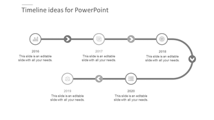 Gray timeline with year markers from 2016 to 2020, each with an icon, connected by curved arrows, and descriptive text below.
