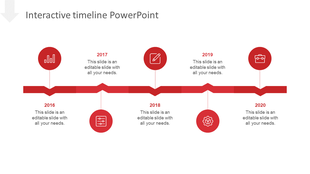 Interactive timeline slide with key milestones from 2016 to 2020, represented with red icons and text for each year.