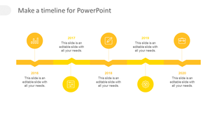 Yellow zigzag timeline with five circular milestone icons from 2016 to 2020, connected by a segmented yellow path. 