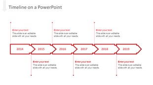 Horizontal red timeline with six year markers in rectangular boxes connected by arrows, with text beneath each.