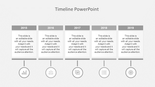 Minimalist gray timeline with five boxes labeled 2015-2019, each linked to circular icons below by thin vertical lines.