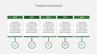 Green themed horizontal timeline with five year markers in rectangular blocks, circular icons, and captions beneath.