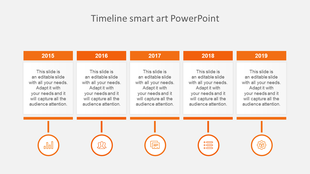 Timeline with five orange boxes for year from 2015 to 2019, featuring icons below on a gray background.