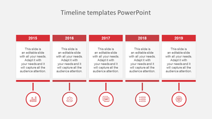 Timeline PowerPoint slide featuring milestones from 2015 to 2019 with icons and placeholders for text.