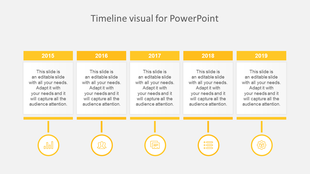  Horizontal timeline featuring five sections from 2015 to 2019, with caption areas and unique yellow icons for each year.