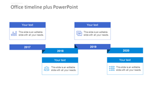 Office timeline PowerPoint slide showing years from 2017 to 2020, each marked with a blue section and icons for each year.