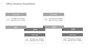 Horizontal gray timeline spanning 2017-2020 with alternating text boxes positioned above and below the timeline. 