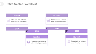 Horizontal purple timeline spanning 2017-2020 with alternating text boxes positioned above and below the timeline. 