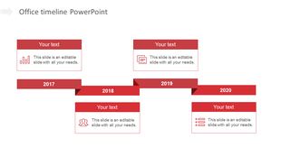 Timeline with red rectangular markers for the years 2017 to 2020, each with a caption box above and below.