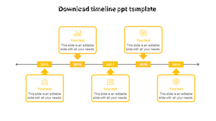 Horizontal timeline from 2015 to 2019 with milestone boxes above and below, each containing icons and placeholder text. 