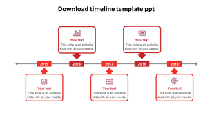 Red timeline with five rectangular year markers from 2015 to 2019, connected by arrows, with text fields.