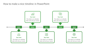 Green horizontal timeline from 2015-2019 with rectangular markers and alternating text boxes above and below the line. 
