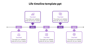 Purple timeline with five labeled years paired with rectangular boxes on both sides, connected by arrows.