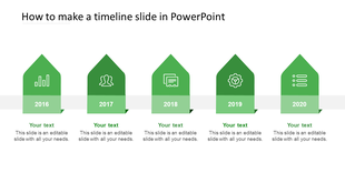 Timeline PPT slide from 2016 to 2020, each year marked by a green arrow with icons and placeholders for text.