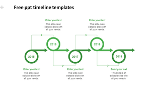 Modern green timeline with five year markers in circles, connected by arrows, featuring text areas.