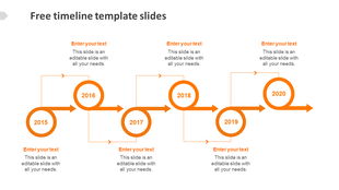 Curved timeline infographic from 2015 to 2020 with markers and rightward arrows, featuring alternating text placeholders.