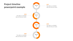 Project timeline PPT template with a vertical orange circular sprint based workflow from 2017 to 2020 with placeholder text.