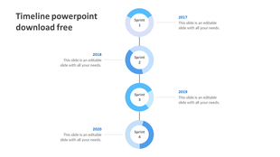 Timeline with four blue circles representing sprints from 2017 to 2020, each paired with text sections.