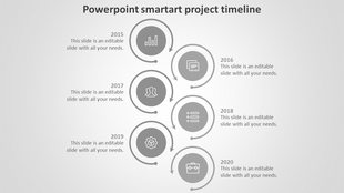 SmartArt project timeline template with a vertical flow of grey circular milestones from 2015 to 2020 with icons and text.