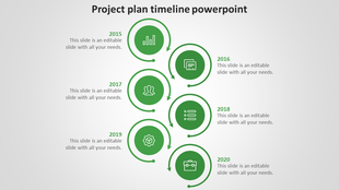 Project timeline with six markers in green, linked by curved arrows, displaying years from 2015 to 2020 with icons inside.