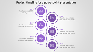 Vertical timeline with six purple circular icons in arrows, showing milestones from 2015 to 2020 on a gray background.