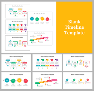 Set of blank timeline PowerPoint slides featuring multiple colorful layouts with icons and text descriptions.
