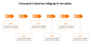 Orange themed timeline with six year labels in rectangular boxes, connected by arrows, and space for text.