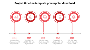 Horizontal project timeline with five red circular markers and icons representing each year from 2016 to 2020.