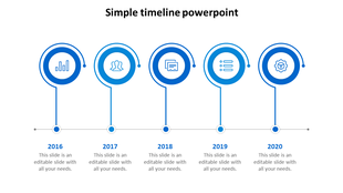 Blue-themed timeline with circular icons for the years 2016 to 2020, connected by lines, with placeholder text.