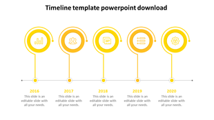 Yellow timeline with five milestones, each containing an icon, connected by a thin horizontal line with vertical connectors. 