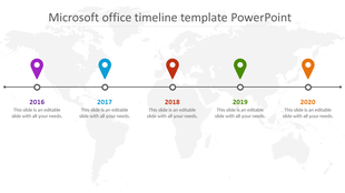 A timeline slide from 2016 to 2020 in globe backdrop with location pins, text areas in purple, blue, red, green, and orange.