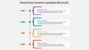 Vertical timeline template with milestones for the years, connected by a central line with curved sections and caption areas.