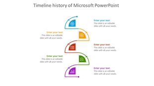 Vertical timeline slide with five curved segments in blue, yellow, red, green, and purple, each with icons and text areas.
