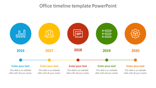 Timeline with five circular icons in blue, yellow, red, green, and orange, connected by a straight line with year labels.