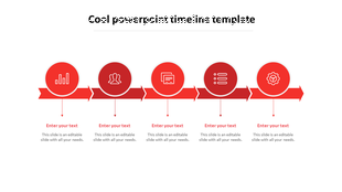 Timeline with five circular red markers and arrows, featuring icons and text placeholders below.